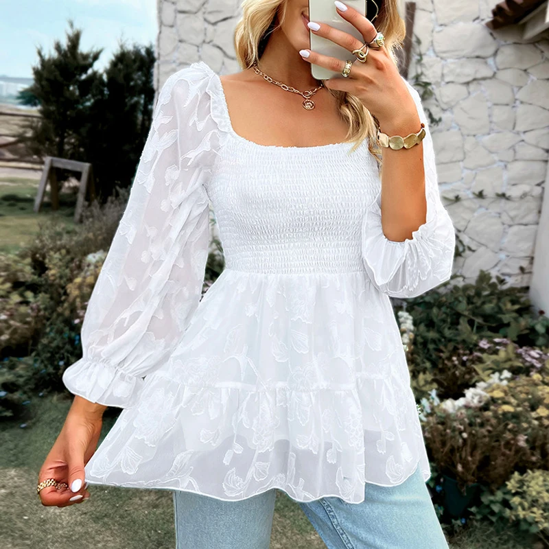 Custom Ruffle Floral Tops For Women Shirts Summer Long Puff Sleeve 2023 Fashion Ladies Chiffon Blouses Elegant Women