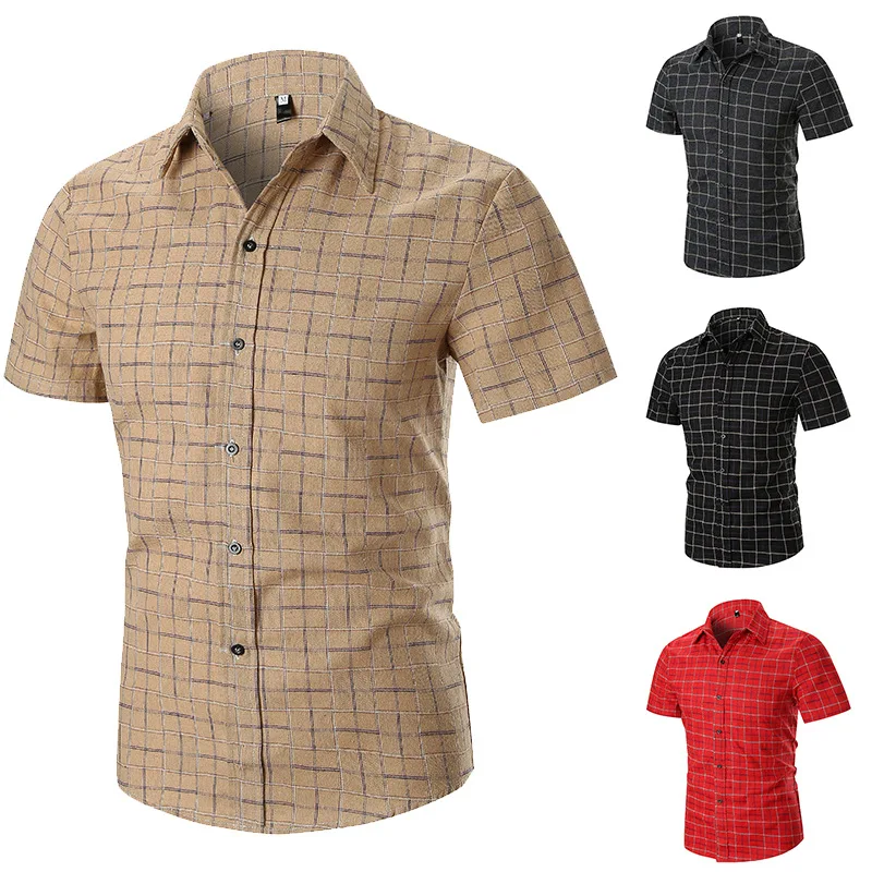 High Quality Men cotton top blouse short Sleeve Plaid color matching outdoor slim fit Shirt