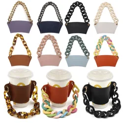 INS Style Fashion Eco Friendly Reusable PU Leather Coffee Cup Sleeve With Acrylic Chain