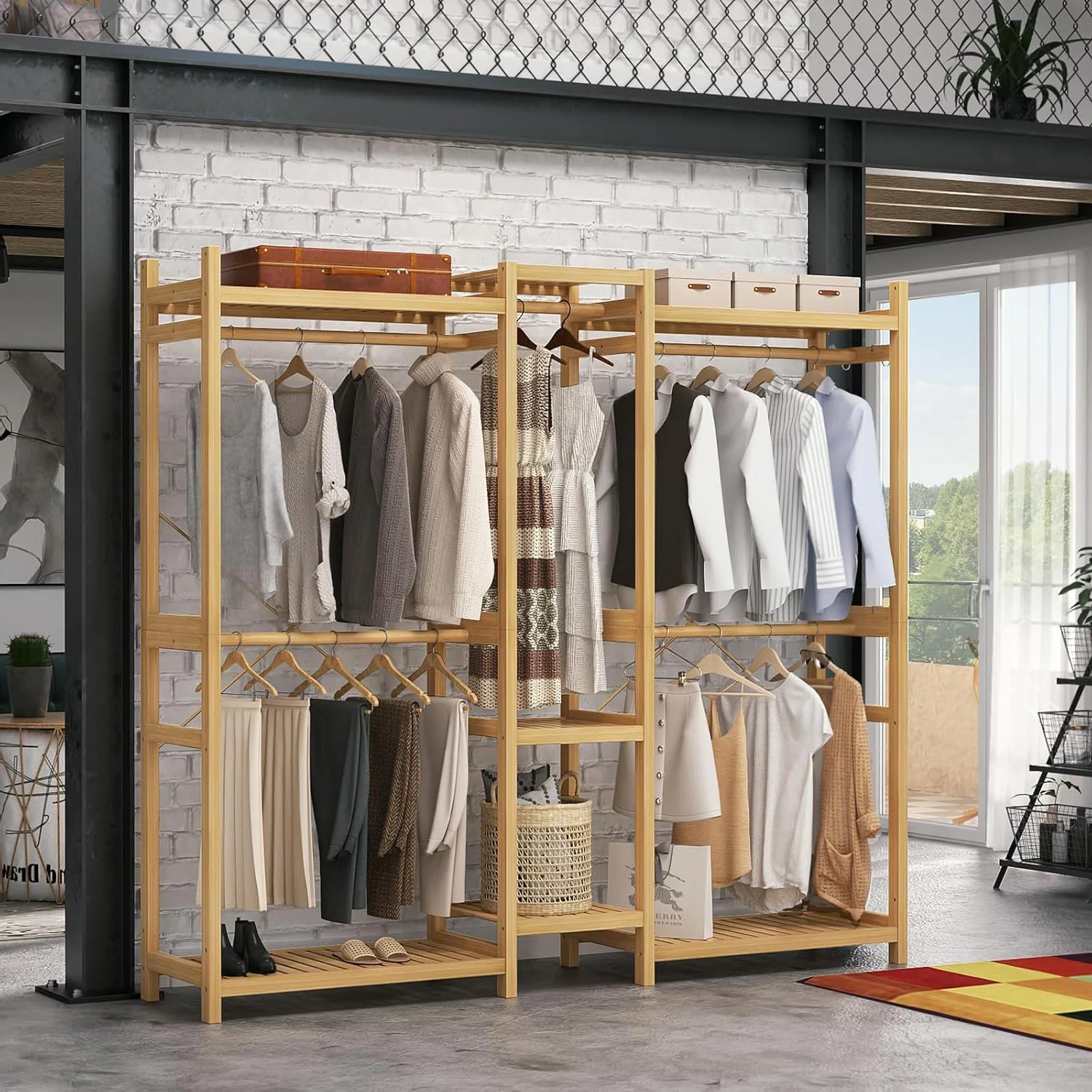 Bamboo Closet System Clothes Rack with 7 Storage Shelves and 5 Rods Large Freestanding Garment Rack Wooden Clothing Rack