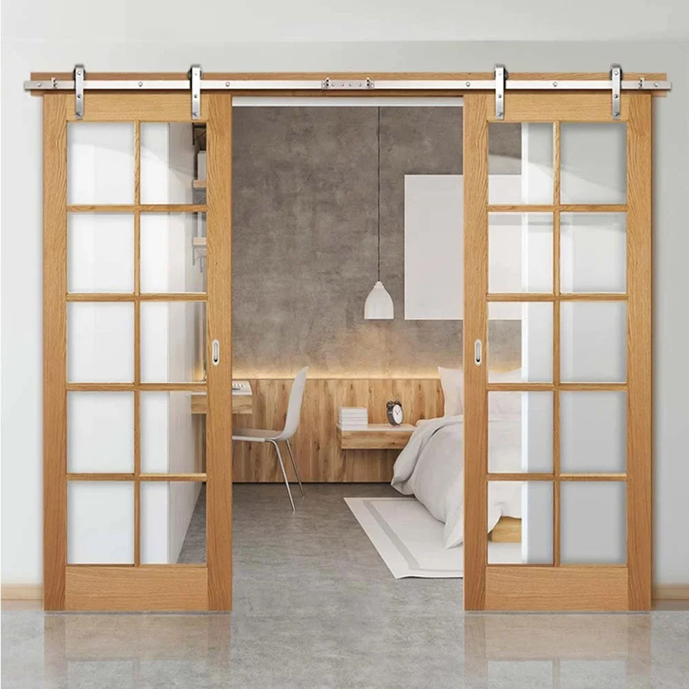 Residential Wooden Sliding Glass Barn Door Solid Wood Interior Double Timber Sliding Barn Doors