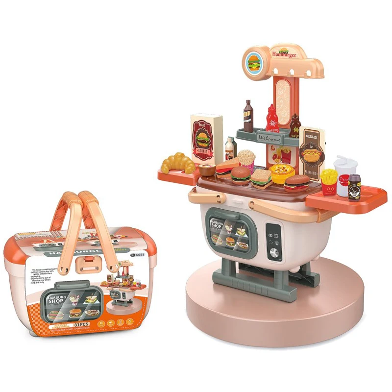 31pcs Kids Simulated Fast Food Pretend Play Game French Fries Sandwich Croissant Hot Dog Hamburger Toy Set with Carry Basket