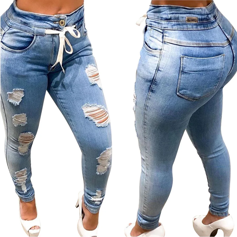 
ORD8398 Hot sale drawstring women ripped pantalones skinny jeans stretch denim trousers 