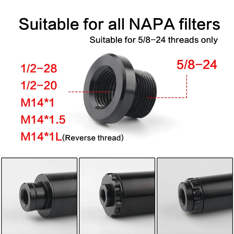 Aluminum 5/8-24 TO 14x1.5 1/2-28 1/2-20 14X1L 14X1 Oil Filter Threaded Adapter for Solvent Trap Black