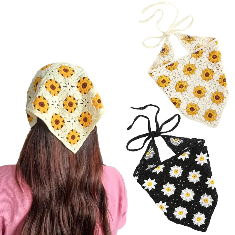 HZO-23036 Spring Daisy Flower Crochet Triangular Bandana Headband Knit Handmade Kerchief Head Scarf