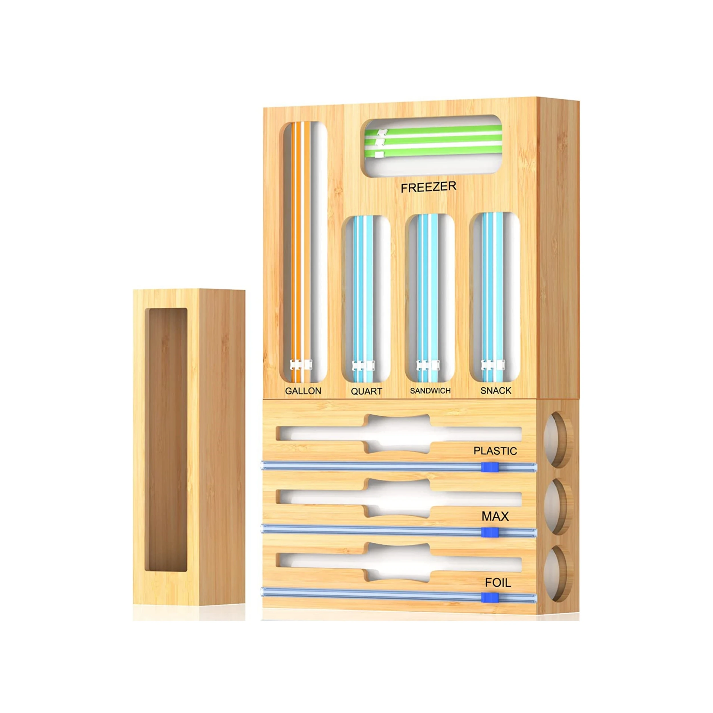 Изготовленный на заказ органайзер для пластиковой обертки из бамбука для кухонного ящика диспенсер для пластиковой пленки с резаком и органайзером на молнии