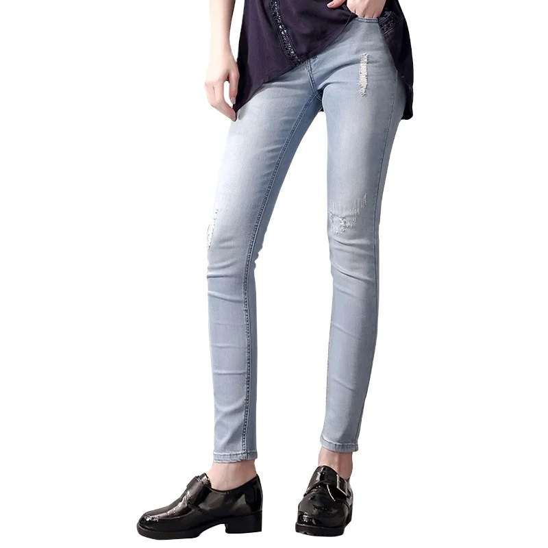 
Moodylime Light blue jeans sweet skinny High waist with elastic hot sale slim fit women jeans 