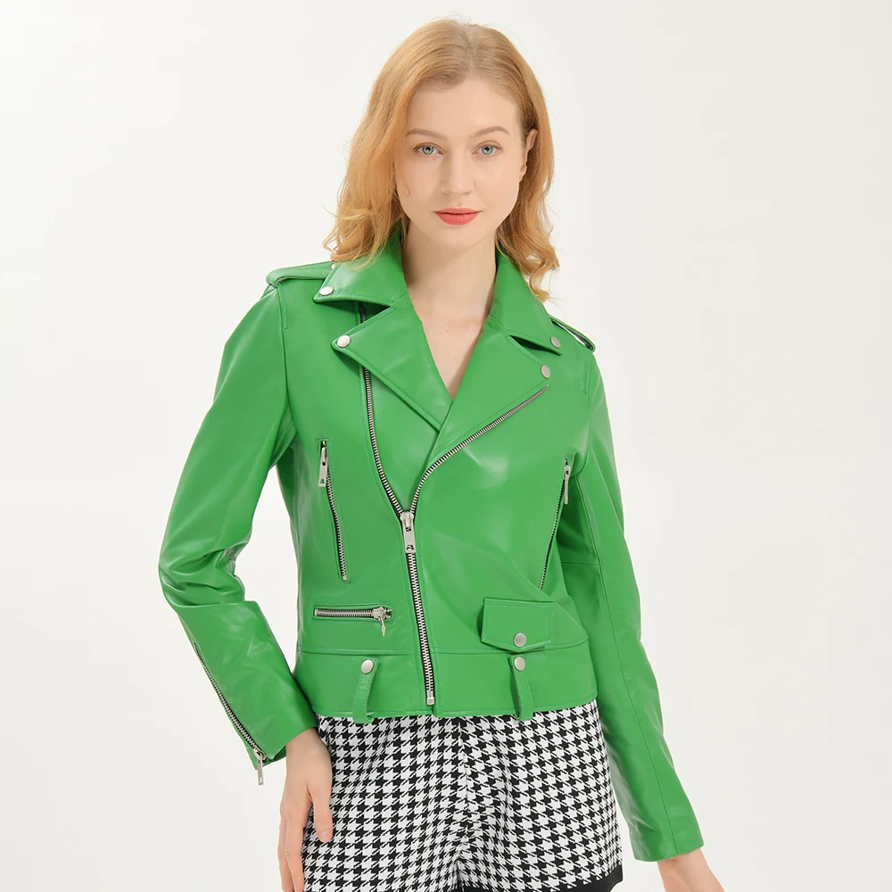 Ladies Biker Real Sheep Leather Motorcycle Wholesale Custom Cropped Motorbike 100% Pure Sheepskin Genuine Leather Jacket Women