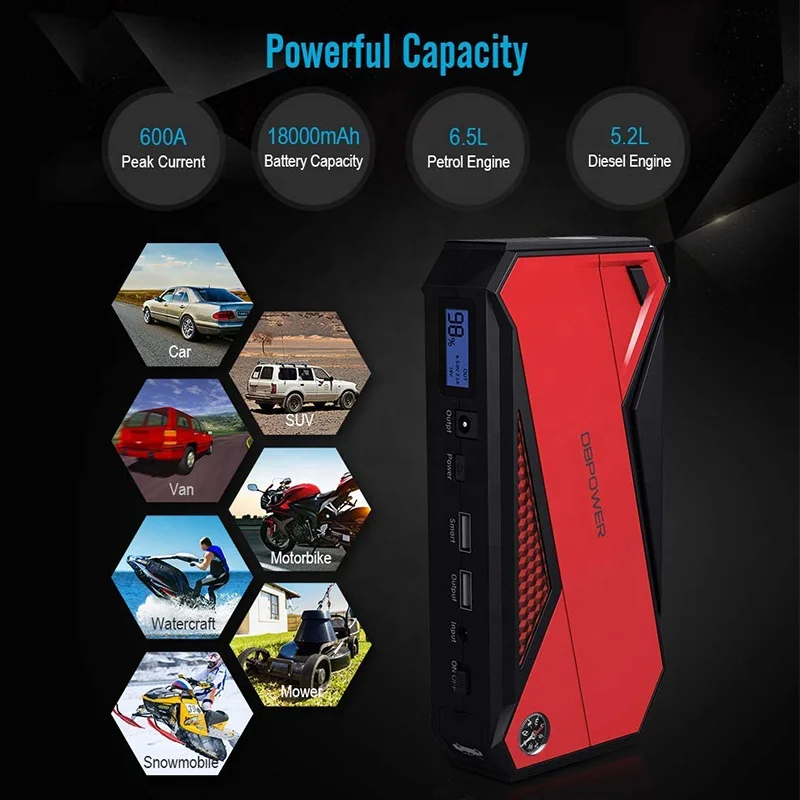 DBPOWER 800A Peak 18000Mah Flashlight Multifunction Portable Car Power Bank Jump Starter 12V