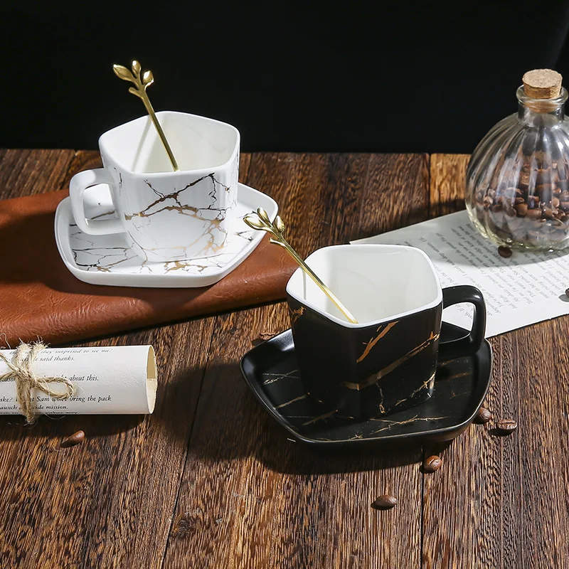 New Arrival Handmade Pentagon ceramic coffee mug gold marble cup and saucer set for coffee