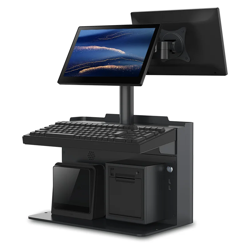 Новый все в одном Двойной экран pos машина Встроенный принтер QR код сканер и клавиатура