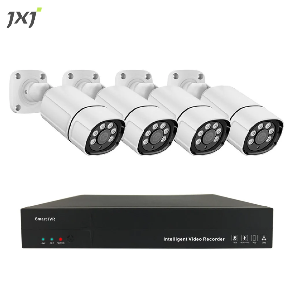 JXJ Manufacturer Outside Inside Waterproof 5MP HD 4CH Channels Smart Home Cctv 4 Bullet Camera Wall Outlets NVR Set Kit POE