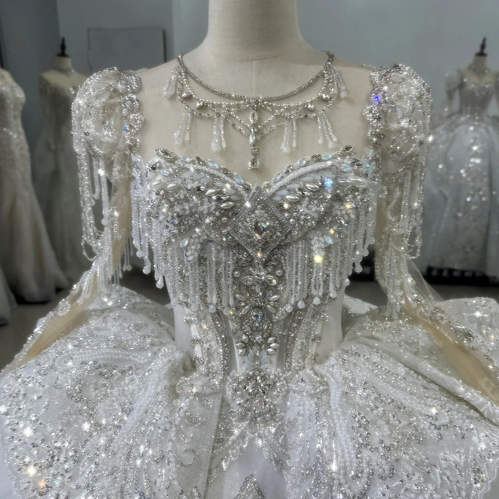 Female Princess Wedding Dress Long-Sleeved Bridal Ball Gown With Open Back Straps Custom Xs090