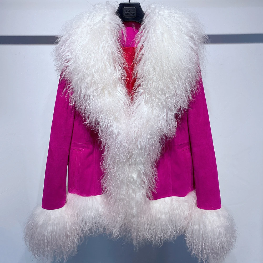 Sheep Fur Leather Coats Women Winter Natural Mongolian Fur With Pink Suede Skin Mongolian Fur Leather Jackets with Long Sleeve