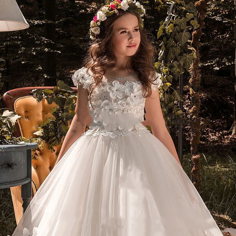 Princess Girls Taildress White Short Sleeve Flower Girls Wedding Dress Party Performance Wear Dresses For 14Years Girl