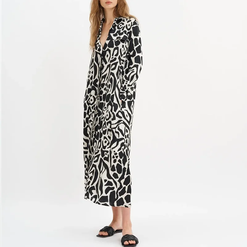 Wear Belt with Side Pockets Printing Maxi Dress Long Sleeves Shirt Dress Garments Manufacturer