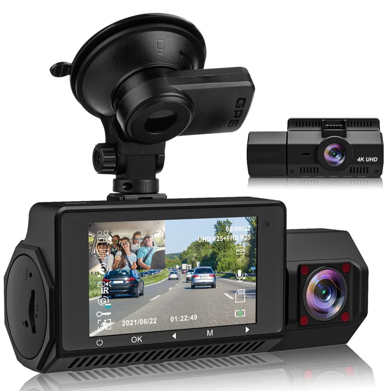 4K Dual Dash Cam Front and Inside DashCam with GPS Car DVR UHD 3840x2160P Night Vision G-Sensor Dash Camera