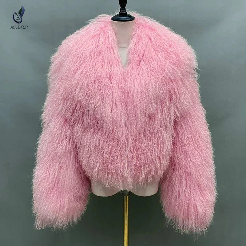 Wholesale Supply Winter Warm Fluffy Real Fur Coat Ladies Cropped Real Mongolian Sheep Fur Jacket