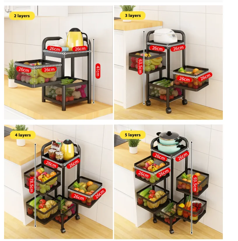 Square Round Basket Storage Rack Kitchen Rotating Storage Rack Fruit Vegetables Metal Storage Cages Cart With Wheels