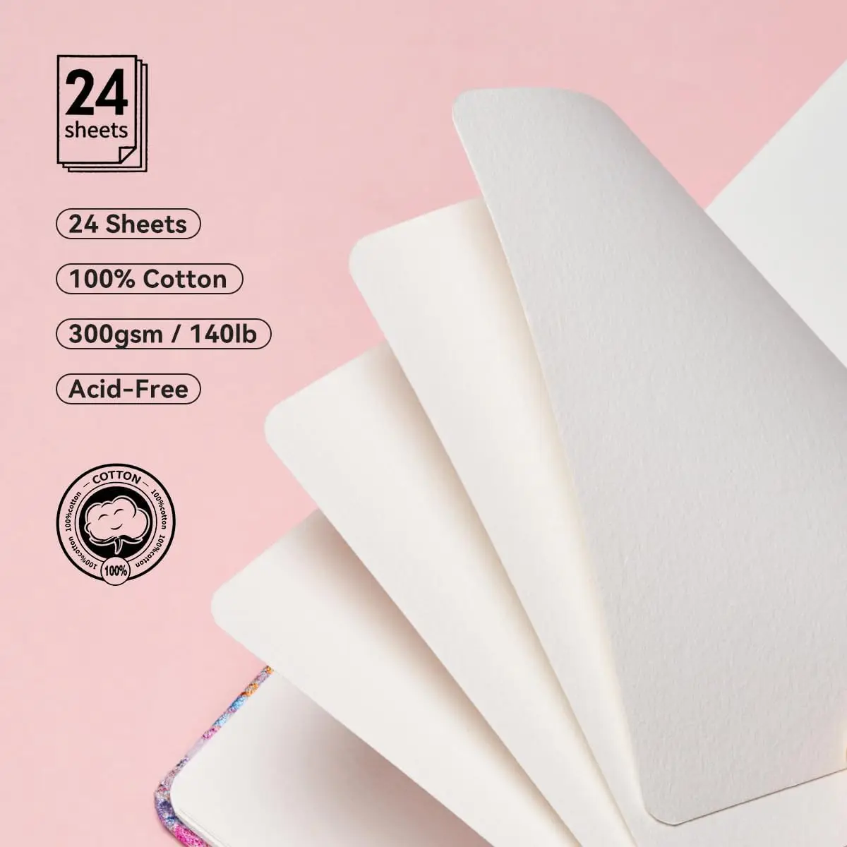 XinyiArt 100% Cotton 300gsm Acid-Free 24 Sheets Cold Press Square Watercolor Journal Paper Pad Sketchbook for Artists Adults