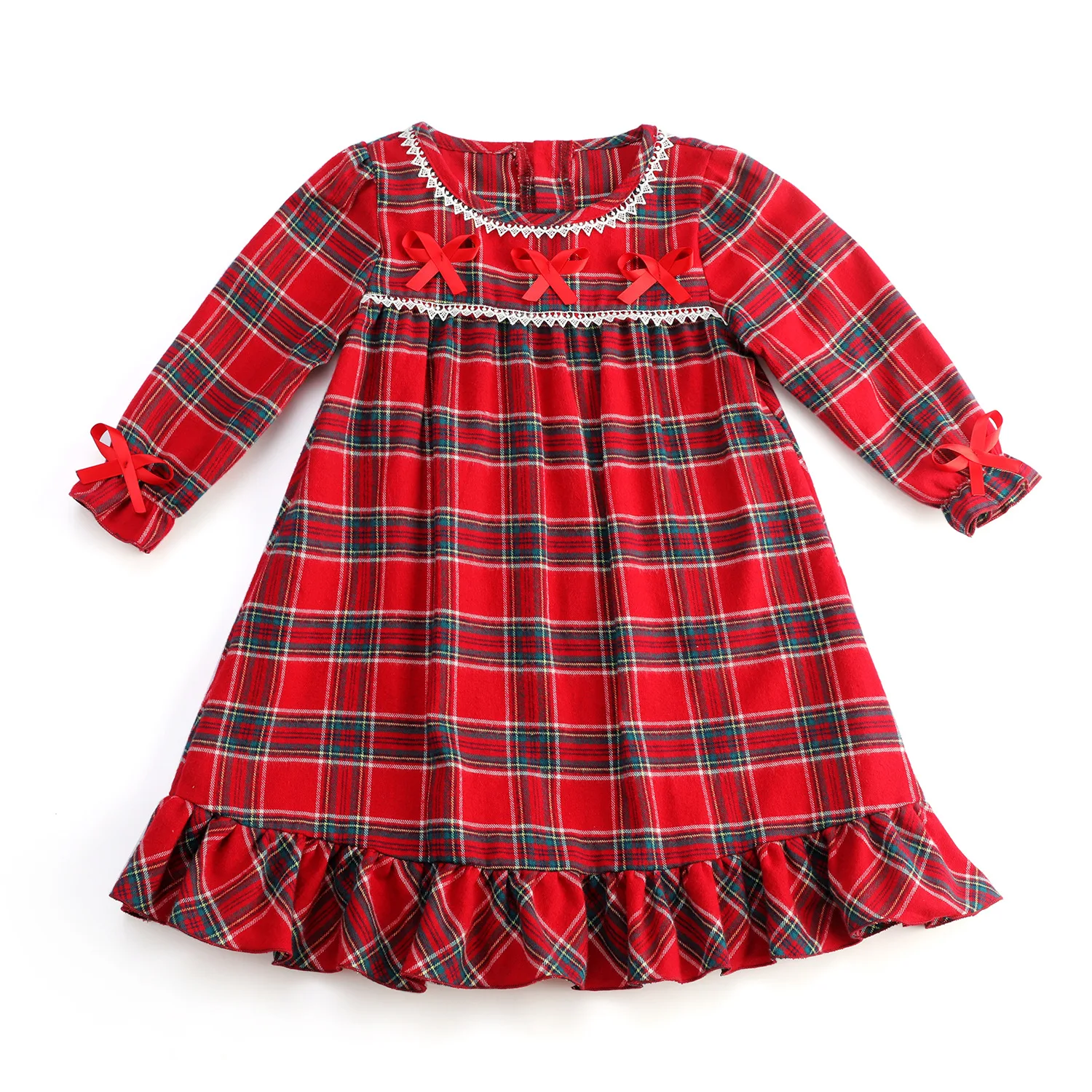 European and American Style Long Sleeve Cotton Nightgown for Girls Fall/Winter Plaid Pattern with Lace for Spring Season