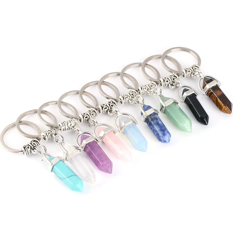 Vintage Natural Quartz Stone Pendant Key Rings Pink Crystal Key Chains