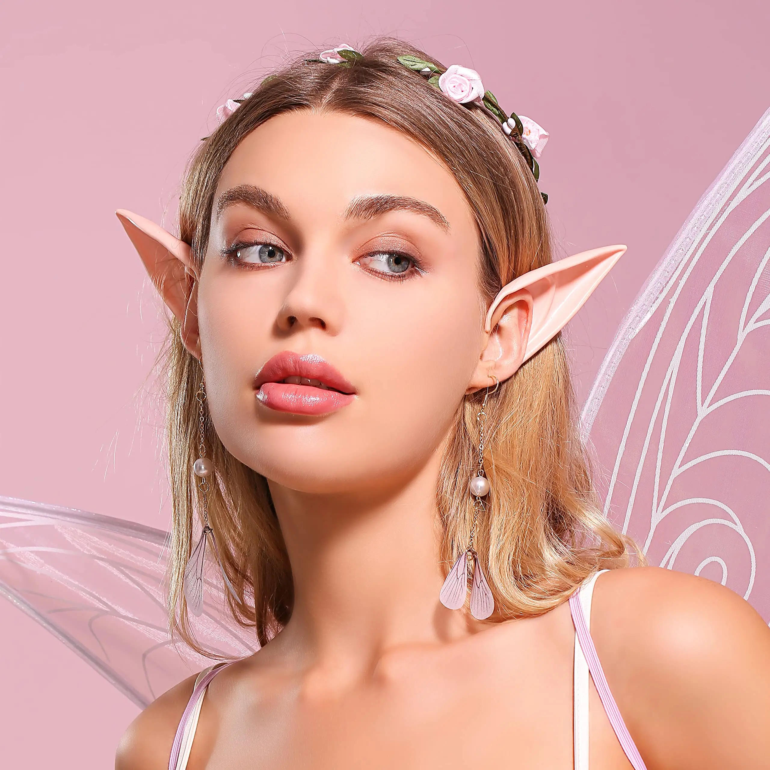 Cosplay Costume Pink Fairy Wings for Adult Elf Ears Fairy Floral Headband Crown Fairy Outfit Cosplay Party Accessories