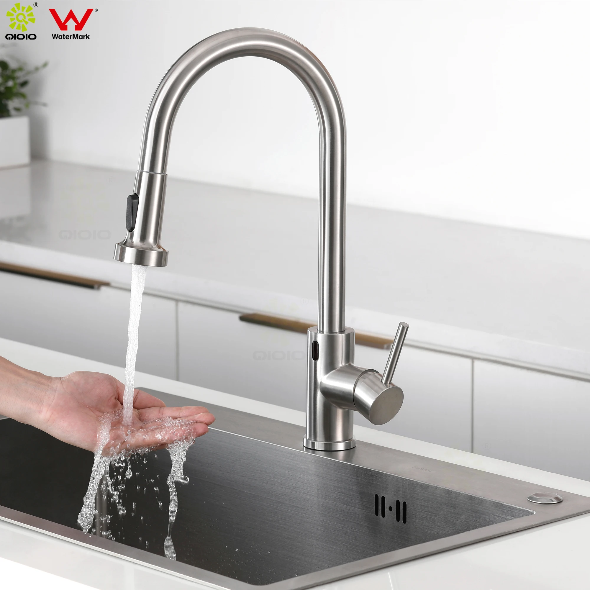 SUS304 Stainless Steel brushed nickel desk mounted Infrared sensor Pull down kitchen faucet