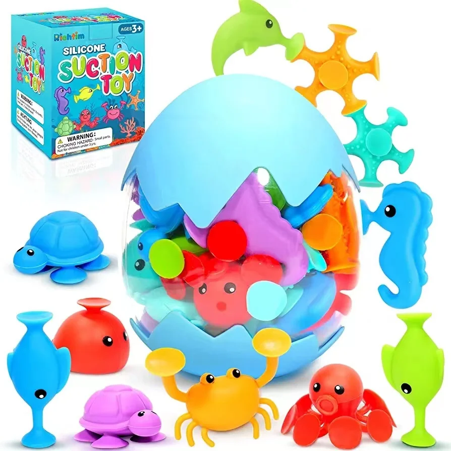 Suction Bath Toys for Kids - Fine Motor Window Toys, Silicone Ocean Animal Suction Cup Toys with Dinosaur Eggshell,