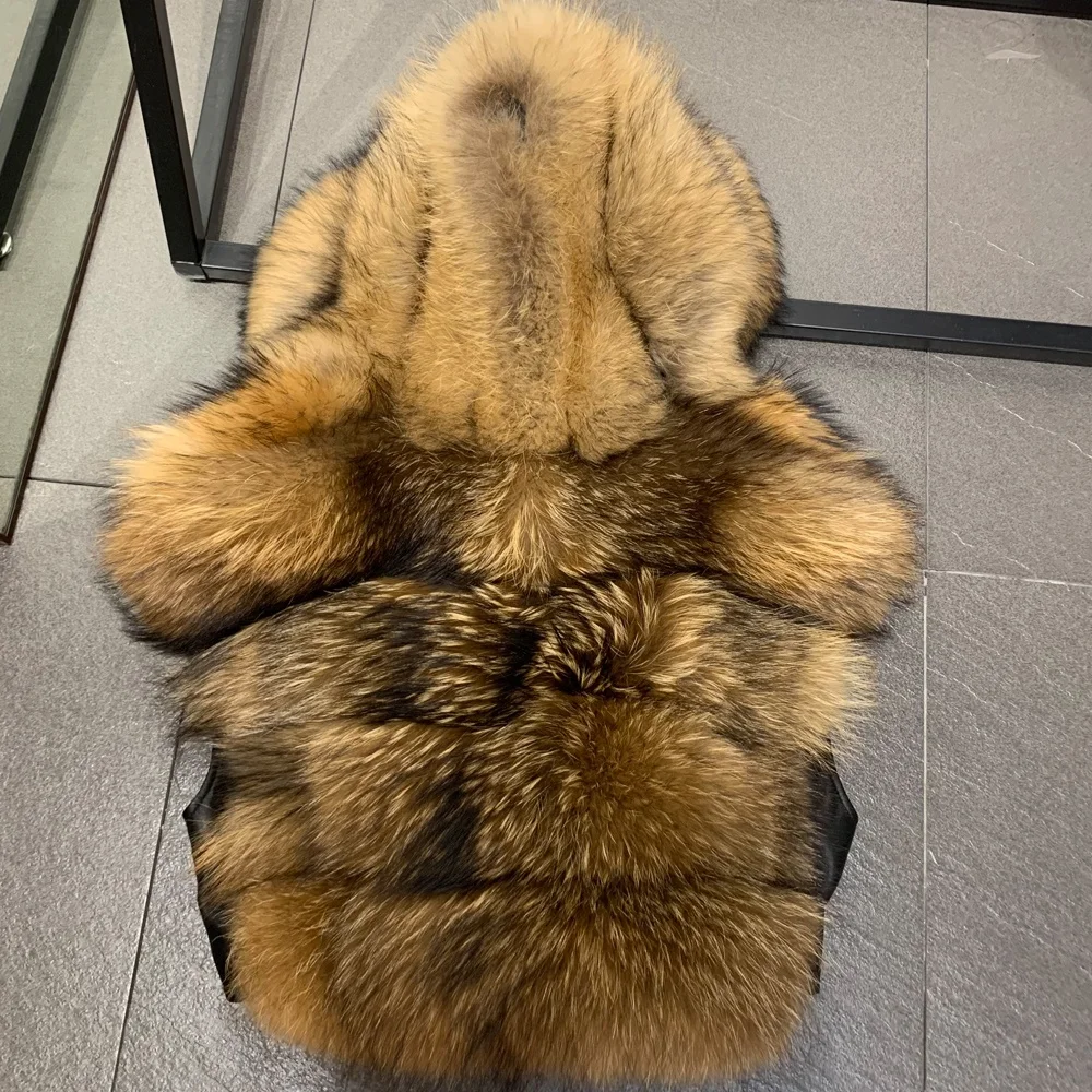 Raccoon Fur Hooded Vest Real Fox Fur Jacket Sleeveless Ladies Natural Fur Cloth Hooded