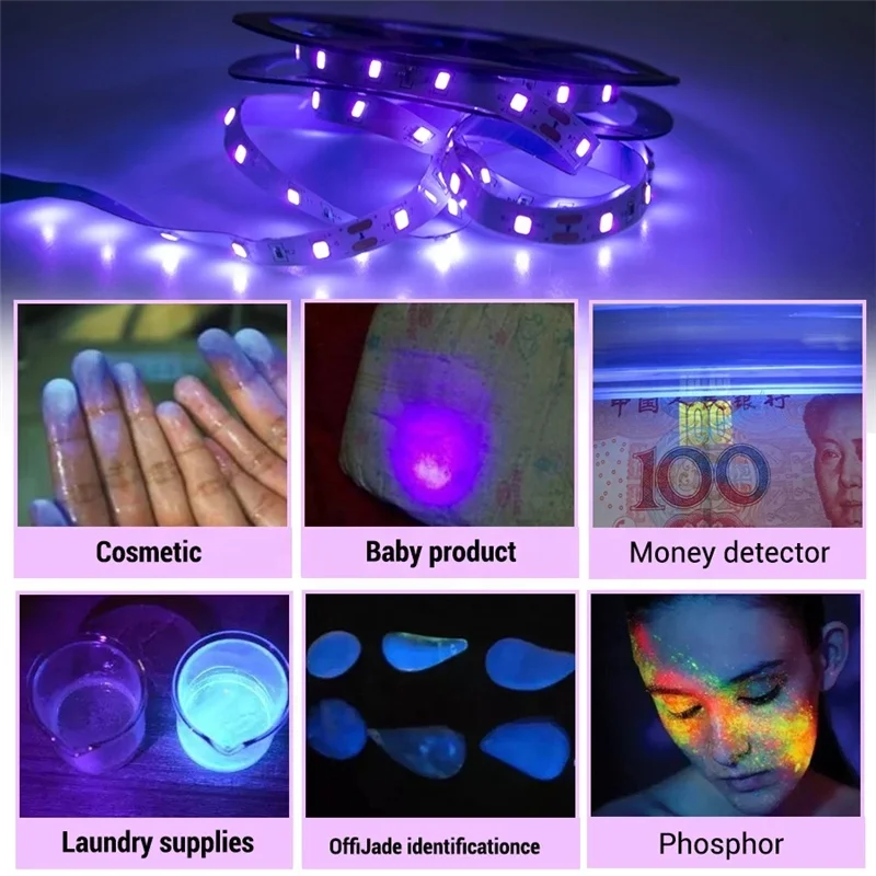 Светодиодная ультрафиолетовая лента SMD 3528 395 нм 5 м 10 IP65 водонепроницаемая 60 светодиодов/м 12 В постоянного тока гибкая черная лампа