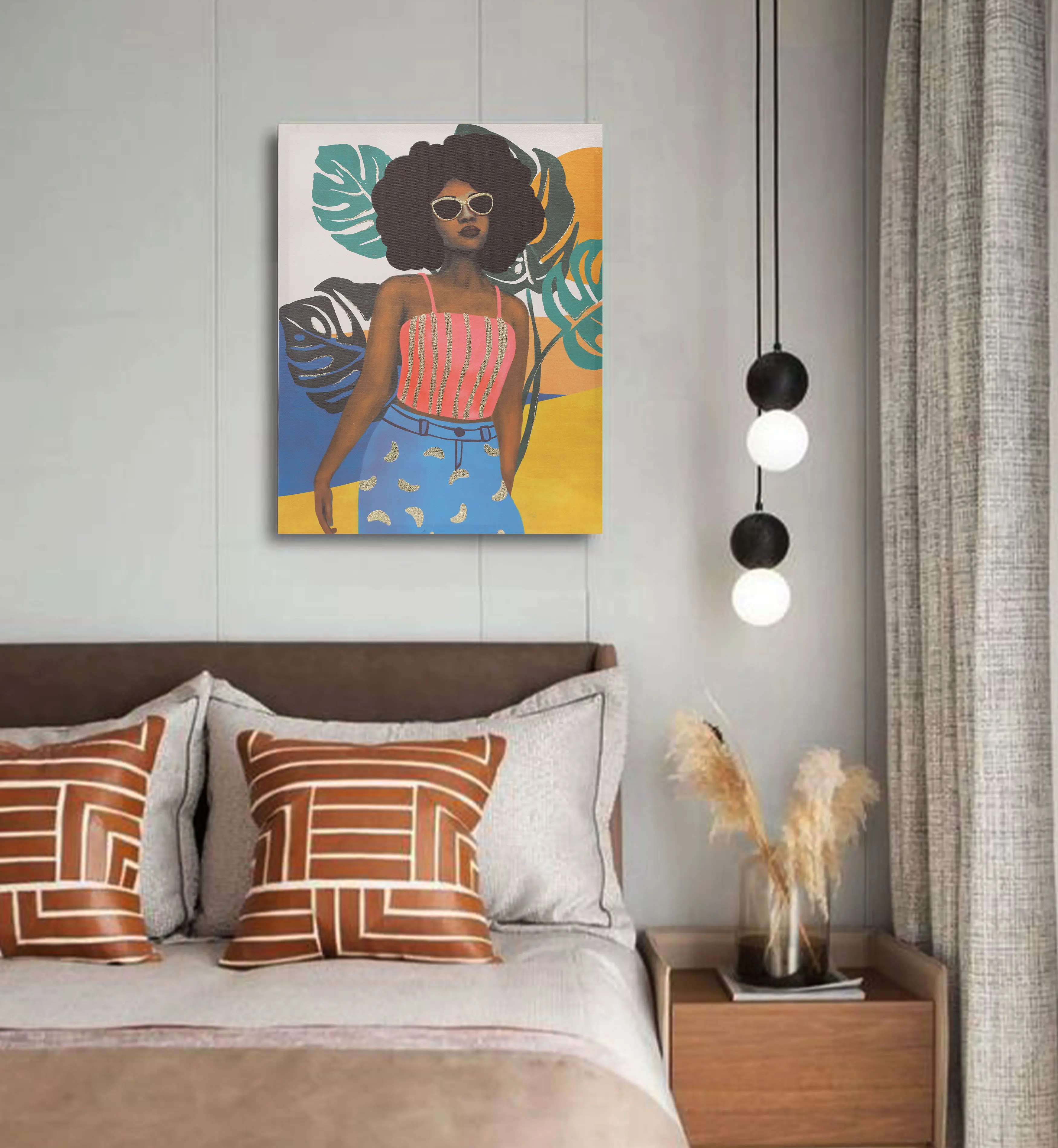 Classical Art Modern Portrait Wall Decor Black African Sunglasses Women Canvas Art Printing Other Oil Painting