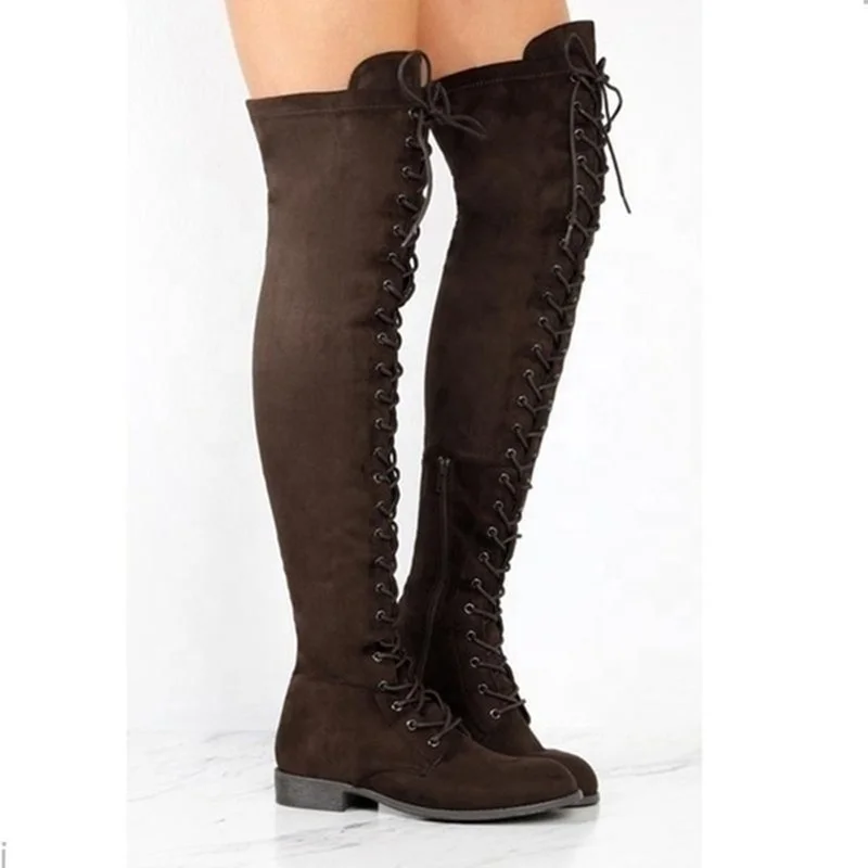 
2021 Latest Fashion women long Round toe lace-up long boots for women high boots women knee flat thigh high boots 