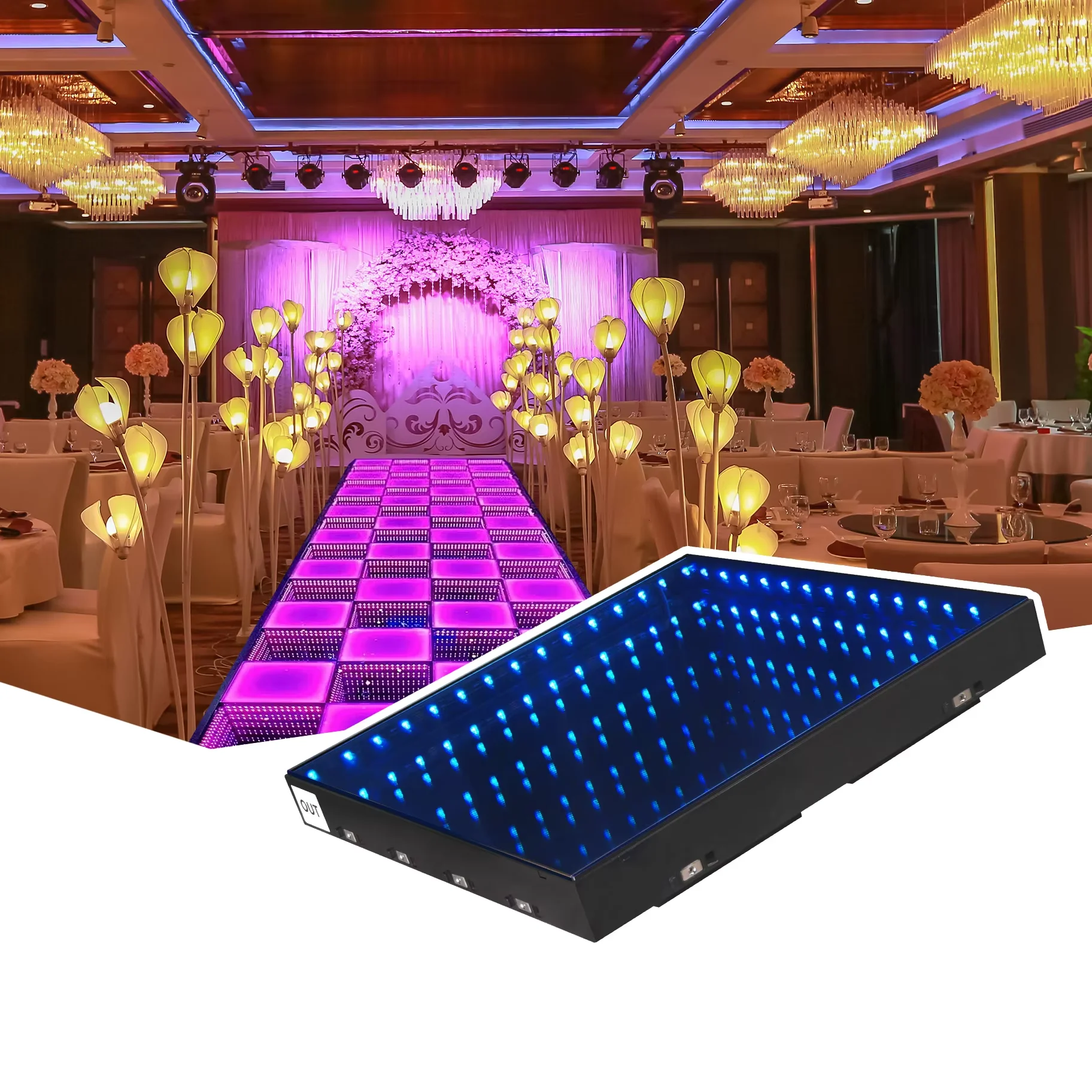 Supershow 3d infinity mirror led dance floor tiles glass panel dmx night club rgb light up led dance floor magnetic for wedding