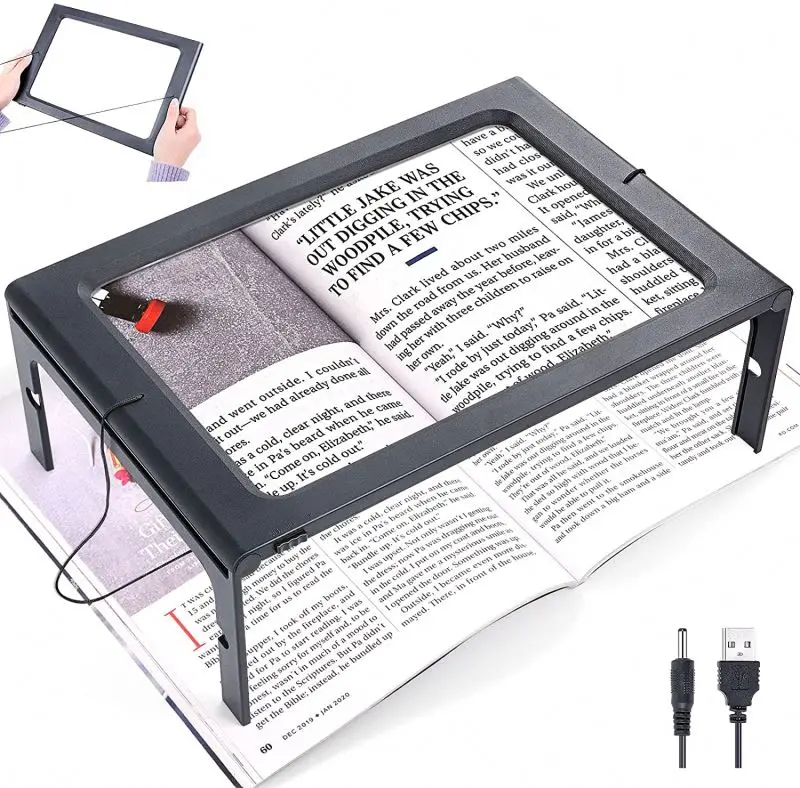 3x Foldable Desktop Large Full Page Magnifier With 12 Led Lights Ideal For Readiing, Rectangular Magnifying Glass With Led Light