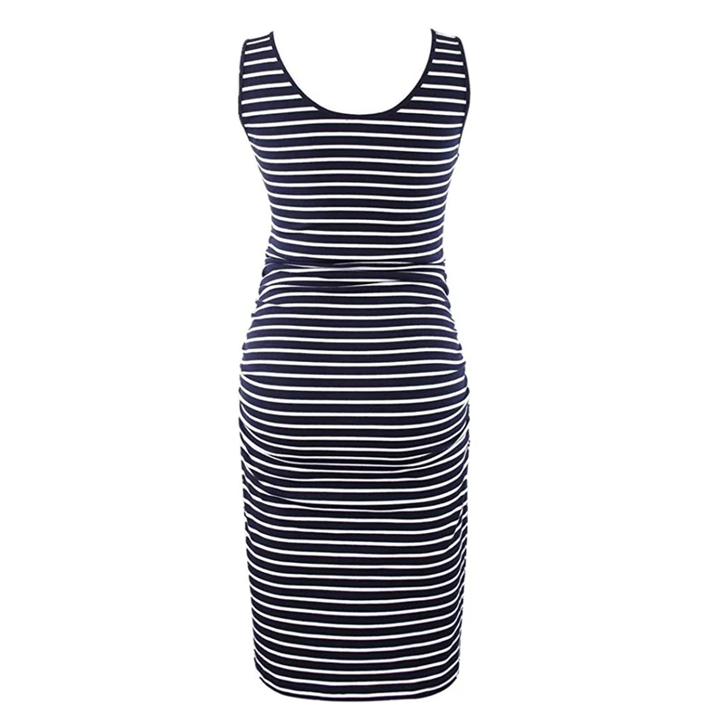 Maternity Solid Stripe Midi Dress Women Pregnancy Clothes Stripe Dress Simple Comfortable Maternity Sleeveless Dress