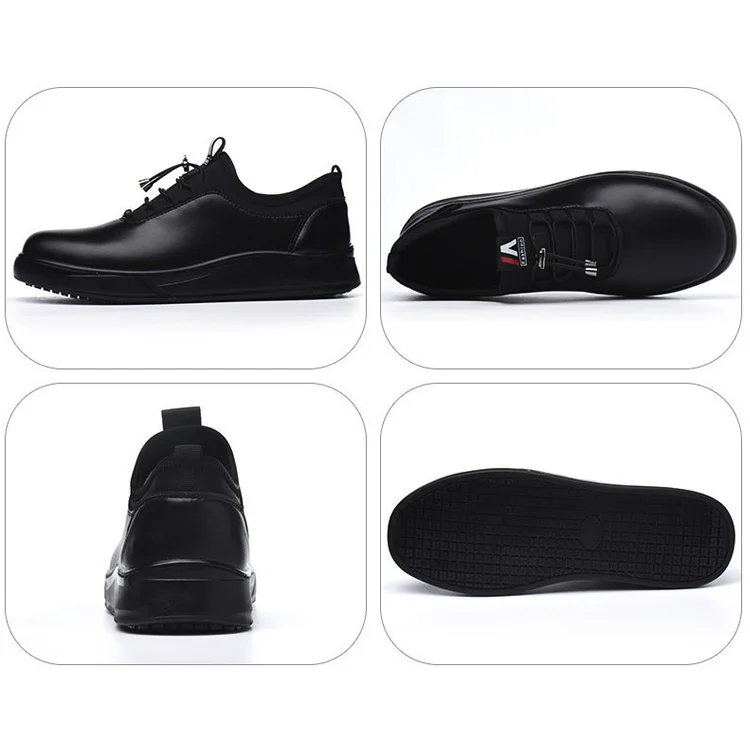 Professional Black Leather  puncture proof Midsole Waterproof Punt Uniform Safety Steel toe Chef Shoes for Catering