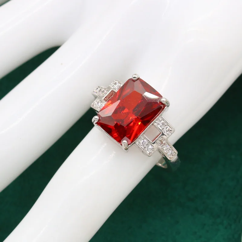 Geometric Silver Color Jewelry Set for Women Wedding Red Zircon Bracelet Earrings Necklace Pendants Ring Christmas Gift