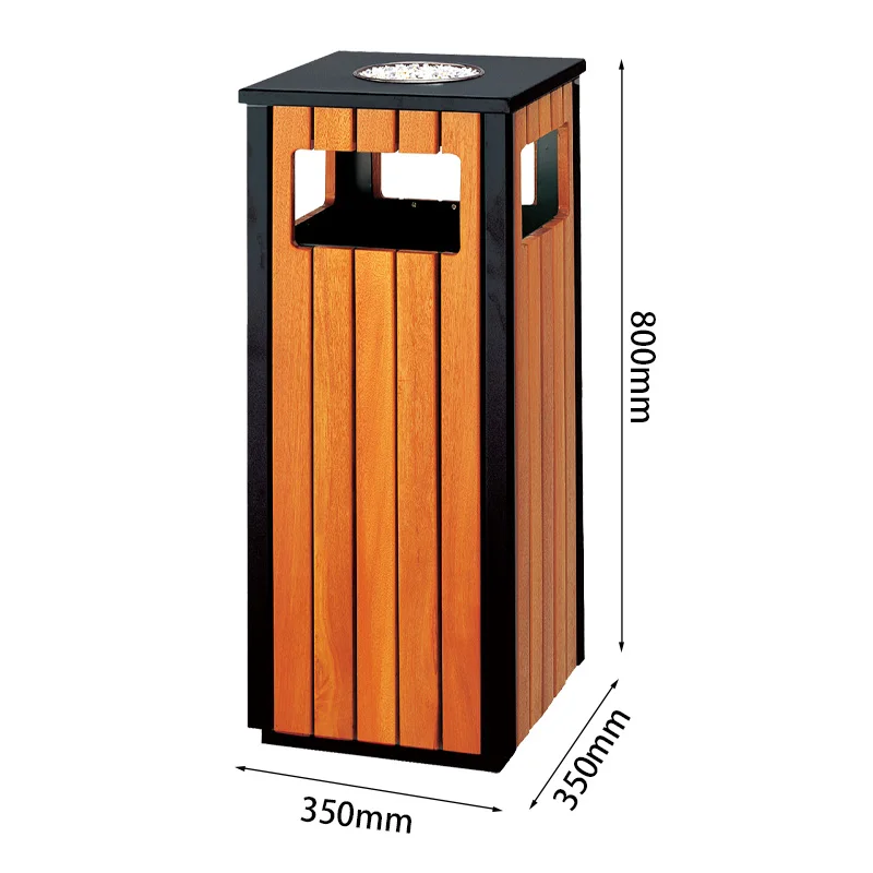 Public place wpc wood trash can round wooden bin with ashtray for park garbage bin