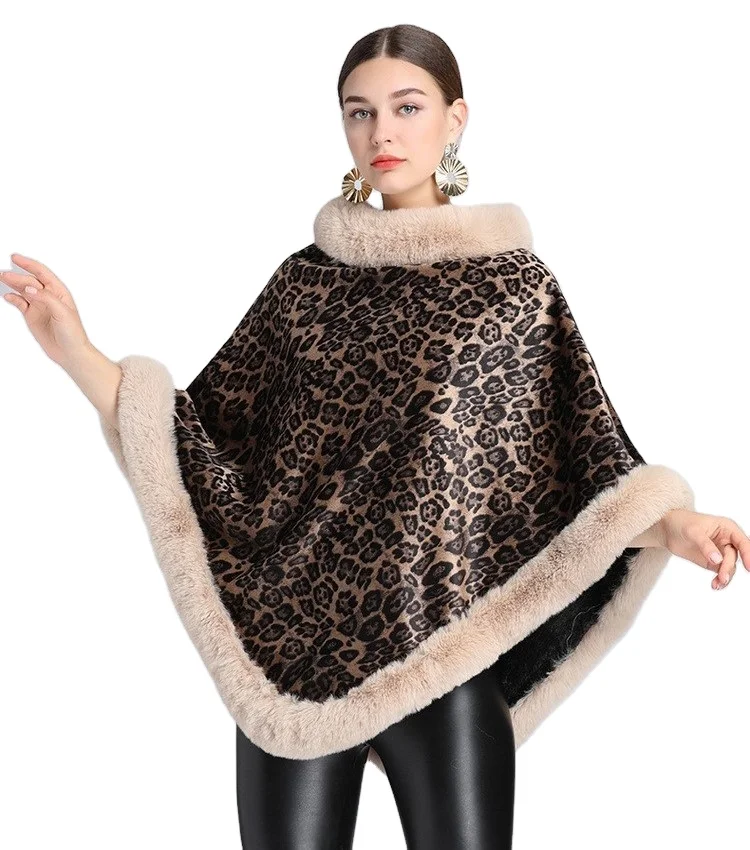 Женское зимнее пончо с леопардовым принтом из кроличьего меха, накидка, шаль из искусственного меха