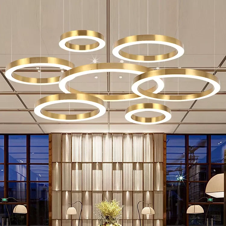 European Style Simple Golden Color Circle Rings LED Pendant Light Indoor Hanging  Steel Circle Modern Chandeliers