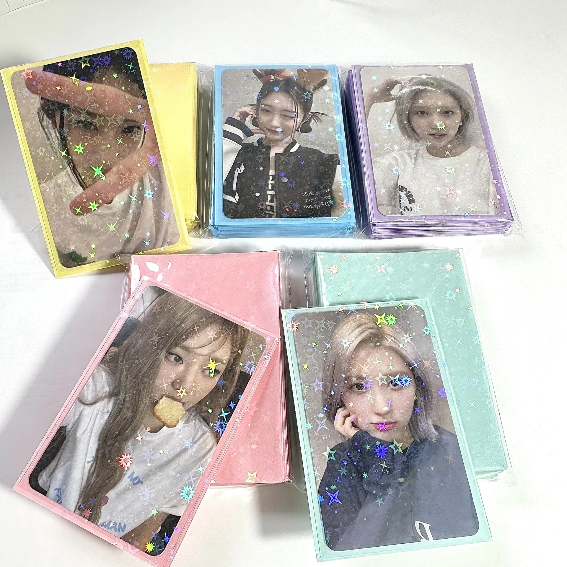 61*91mm Korea Stars Clear Holographic Cherry Blossom Sleeves Comic Heart Hologram Photo Card Sleeves Penny Sleeve