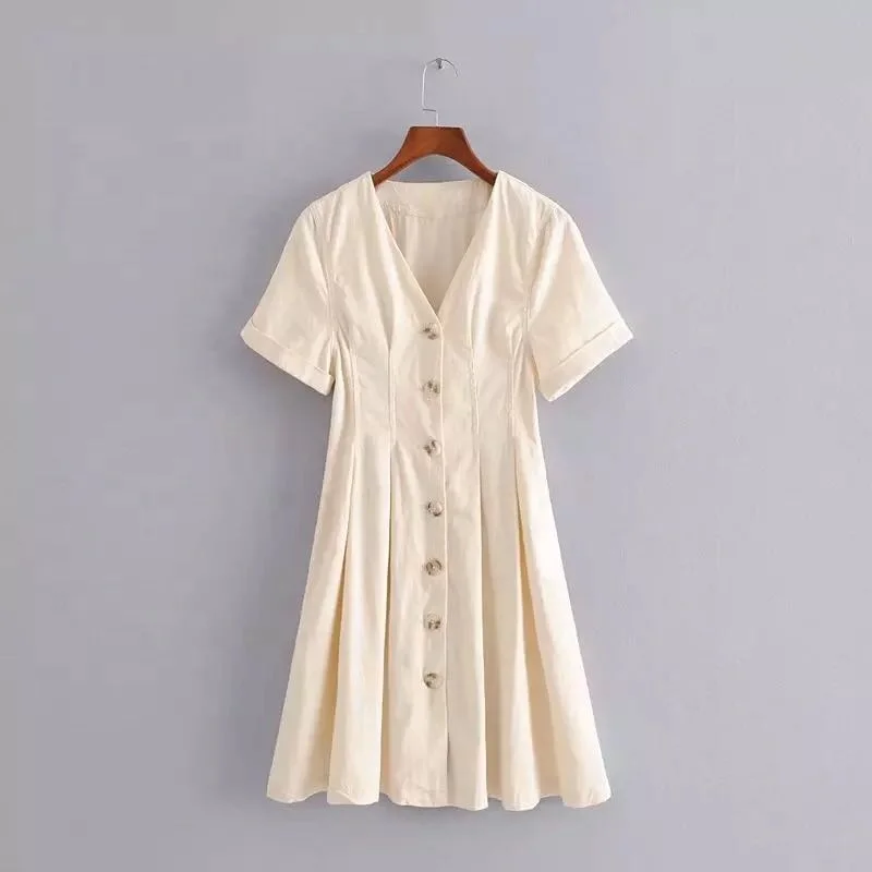 
100% Linen Women Side Split Beige Buttoned Long Casual Dress 
