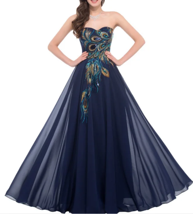 
2020 new embroidered peacock dress mopping long navy blue purple black dress gown chiffon 