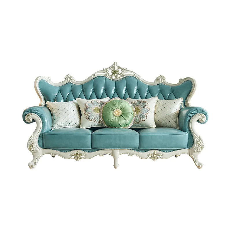 ProCARE European sofa American villa living room genuine leather solid wood carving living room sofa sets