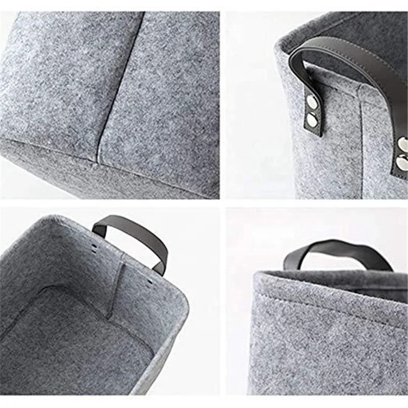 Foldable And Durable Gray Felt Cloth Portable Storage Basket Dirty Clothes Storage Box for Toy with PU Leather Handles