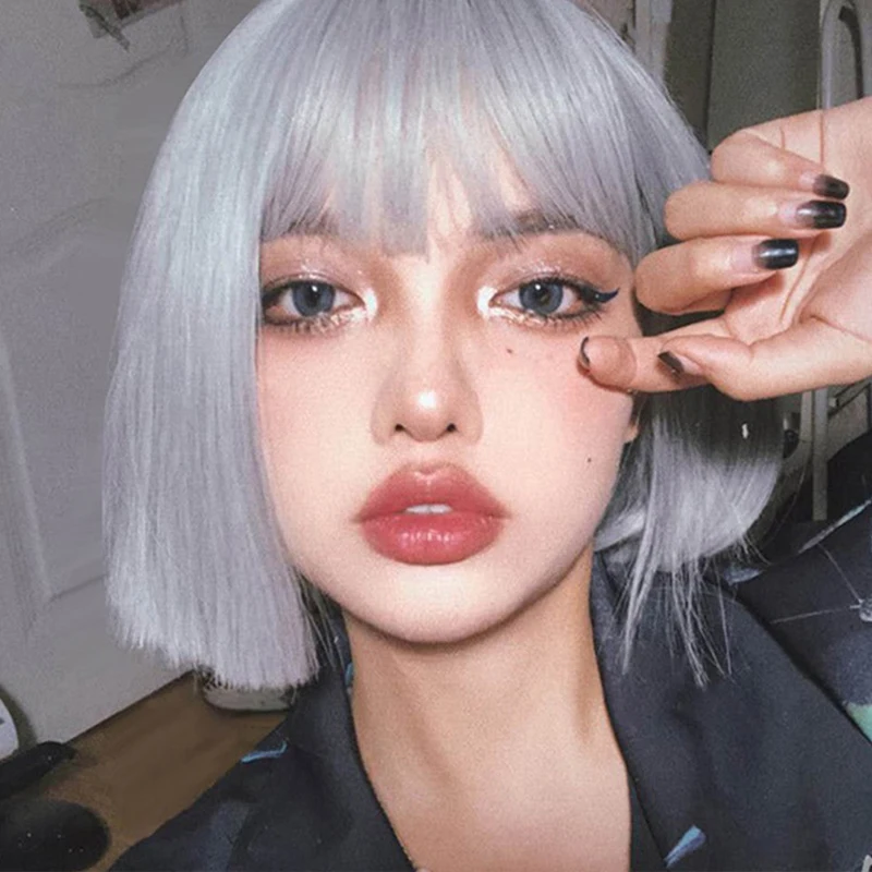 Комплект из модных женских Косплей парик на каждый день и для вечеринок новинка 10 дюймов белого цвета с короткими волосами взрыва Парики искусственных