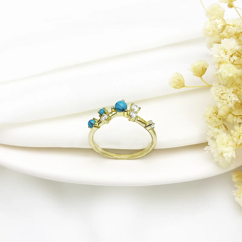 Exquisite Jewelry Zircon Set Natural Turquoise Luxury Ladies Gold Plated 925 Sterling Silver Ring