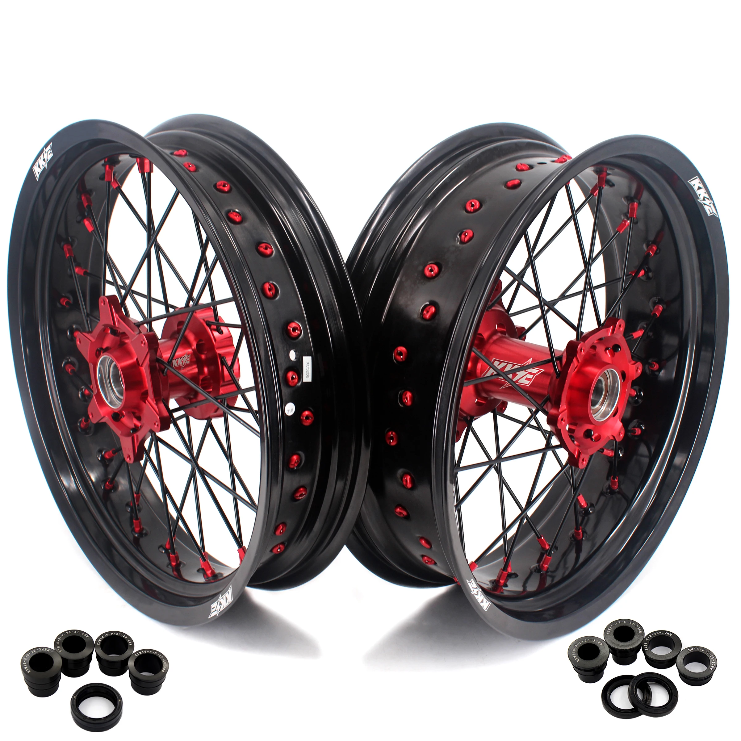 
KKE Motocross 3.5/5.0 Motorcycle Spoked Wheels Hubs Set Compatible with Gas Gas 2021 Red Hub/Nipple Black Rim Black Spoke 