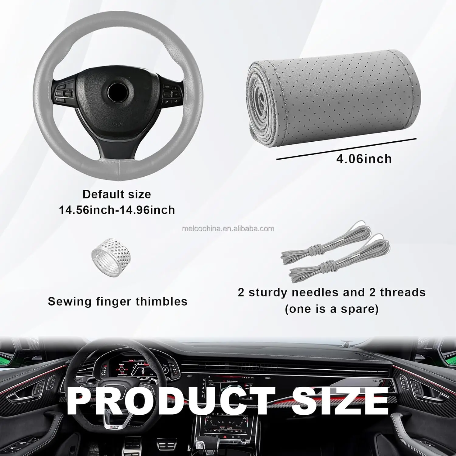 MELCO 2244 Genuine Leather,Red Hole Needle Thread Stitch on Wrap for Max Diameter 15 Inch, DIY Sewing Steering Wheel Cover